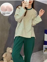 Women's Spwear with Chest Pad Thin Long Sve Striped Home Clothes Two-Piece Set Spring Autumn Winter New Arrival - Image 4