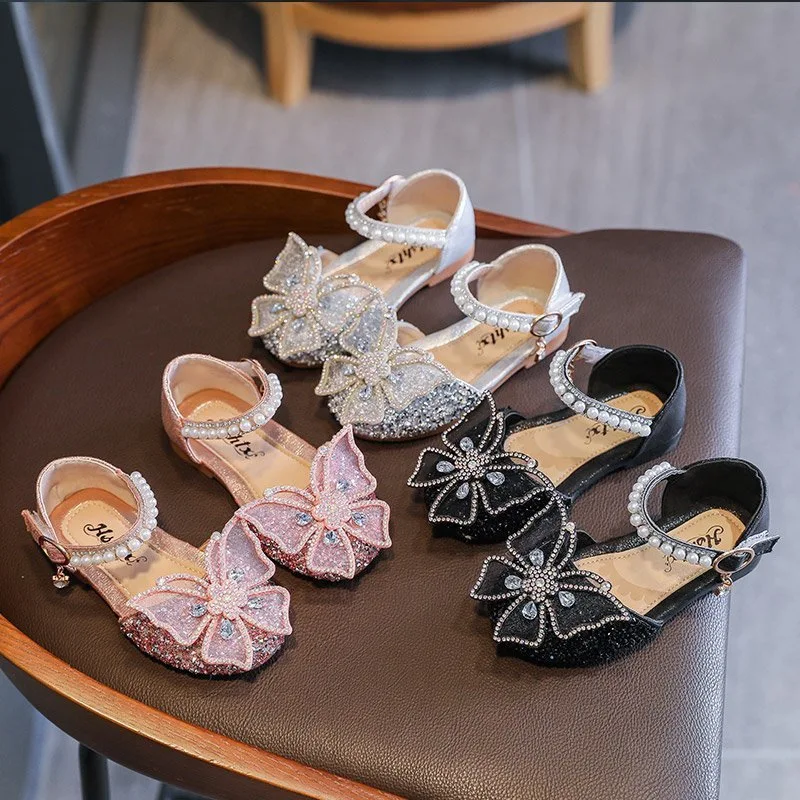 Summer Girls Sandals Baby Shoes Sequins Rhinestone Butterfly Casual Princess Shoes Children Dancing Ballet Flat Heel Sandals