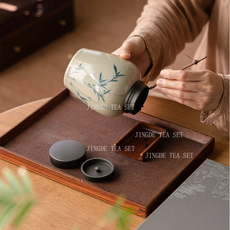 550ml Hand Drawn Orchid Ceramic Tea Sealed Jar with Grass and Ash Chinese Style Tin Lid Moisture-proof Large Storage Jar