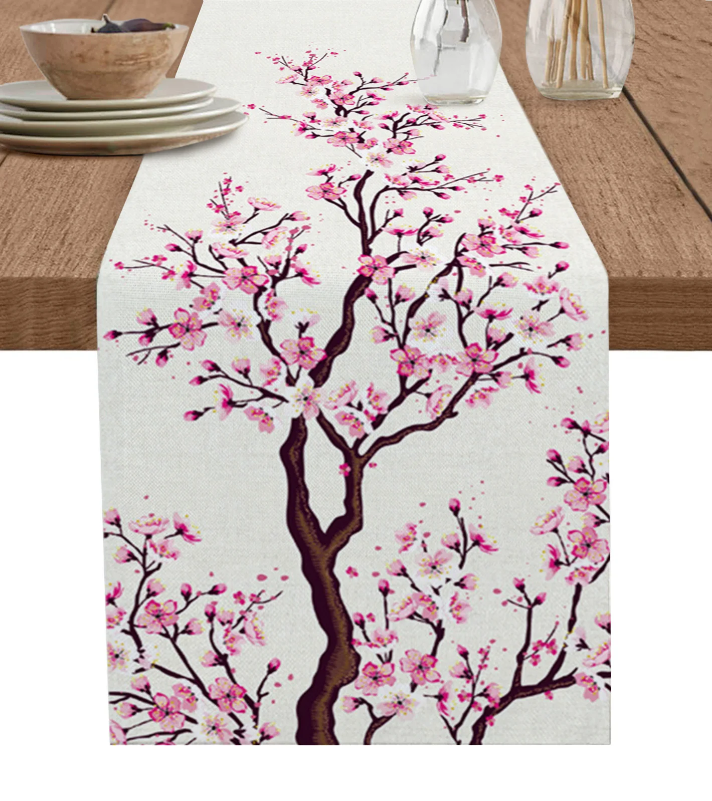 

Japanese Style Sakura Linen Table Runner Kitchen Table Decoration Farmhouse Reusable Dining Tablecloth Wedding Party Decor