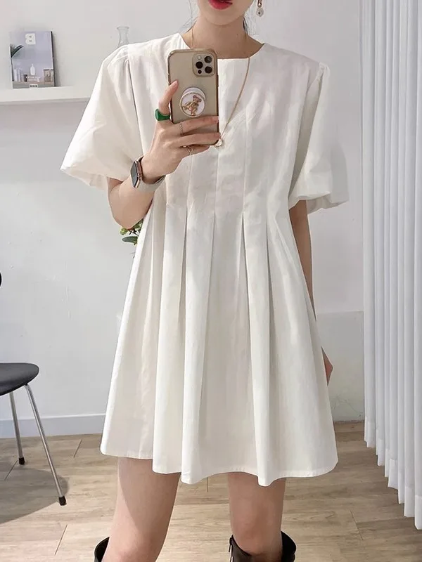 Chic Summer Simple Elegance round Ne Pleated Waist Slim Lantern Sve A-Line  Dr Women's Faion Commute Sle