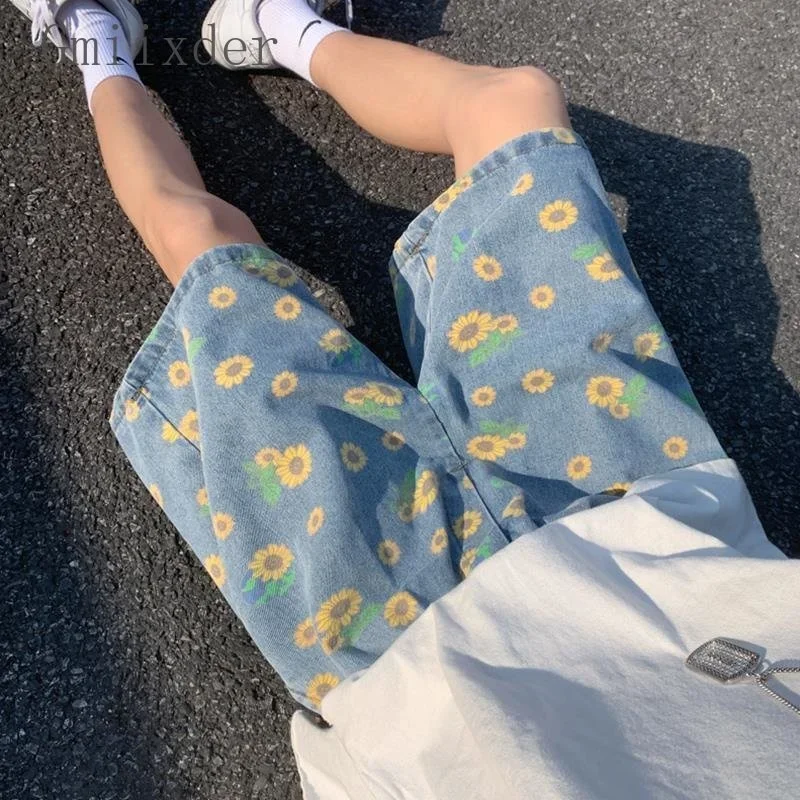 Daisy Denim Shorts Men's Summer High Street Capris Women Techwear Oversize Leisure Beach Pants Unisex Streetwear