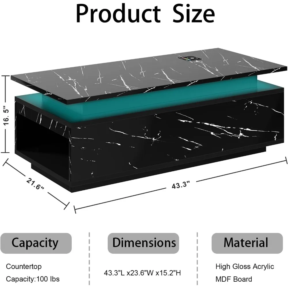 LED Coffee Table with Storage, with Wireless Charging and Speaker, High Glossy Modern Center Table with 24 Color LED Lights 2