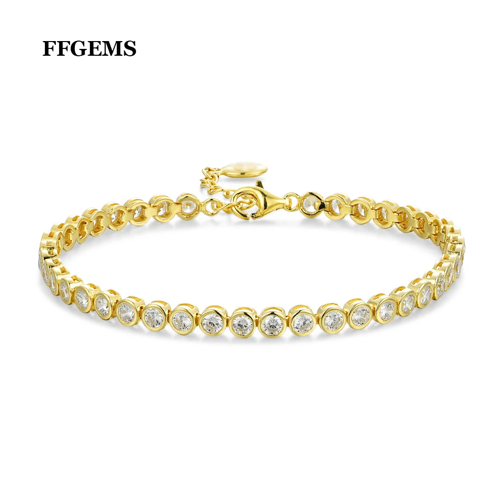 

FFGems100% Sterling Silver 925 High Quality White Sona Diamond Tennis Bracelet Round 3mm Adjust Chain For Women Men Gold Color