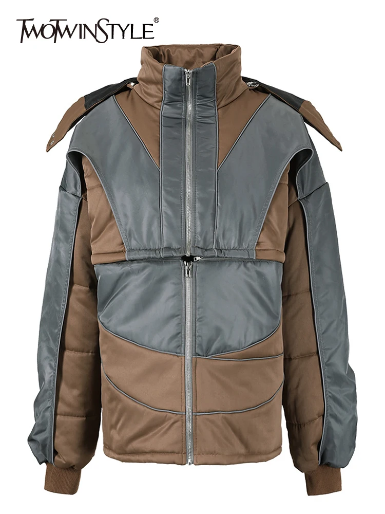 

TWOTWINSTYLE Colorblock Casual Parkas For Women Hooded Long Sleeve Patchwork Zipper Detachable Parka Female Fashion Clothes 2023