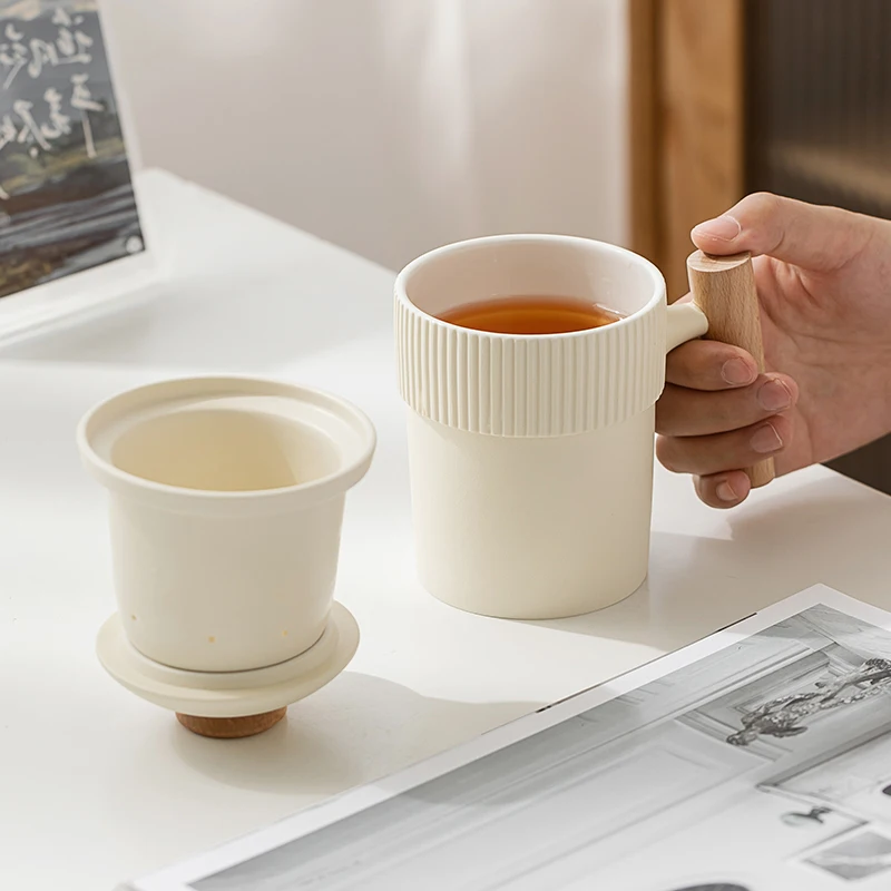 Chinese Style Tea Filtering and Separation Cups, With Cover White Porcelain Personal Mug, Home Drinkware Ceramic Office Cup, 1Pc