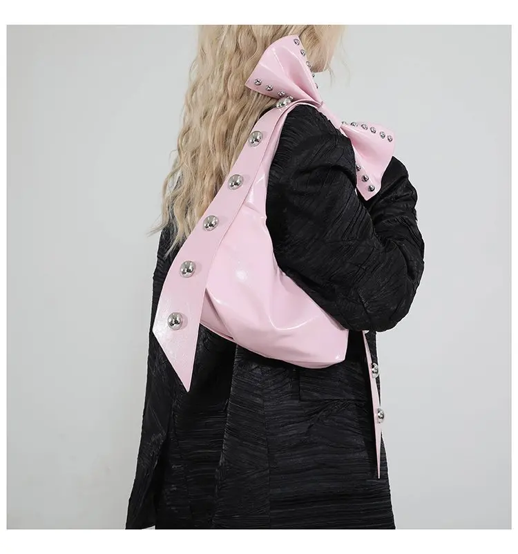 JIAERDI Fairy Core Aesthetic Pink Bow Shoulder Bags For Women Versatile Rivet Pu Leather Y2k Handbag Hot Girls Underarm Bag 2025
