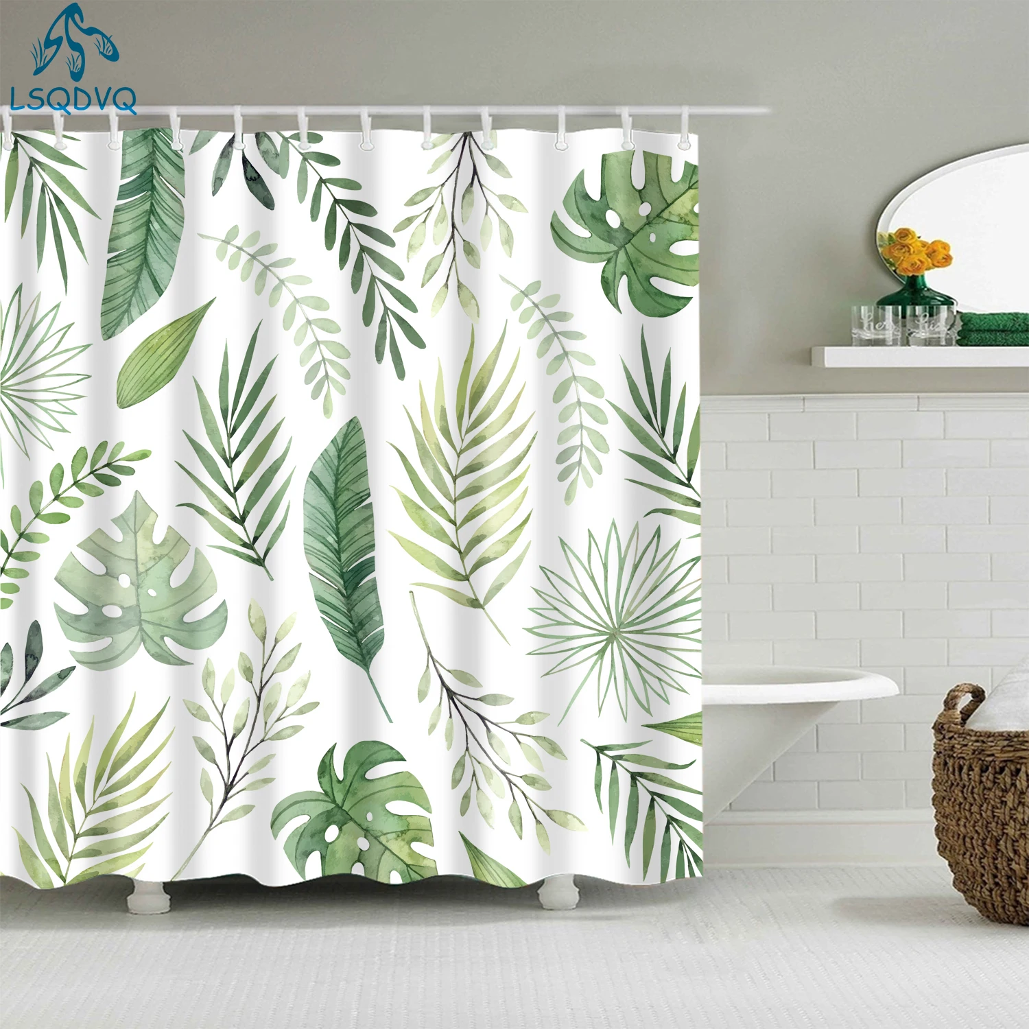 Tropical Green Plant Leaf Palm Cactus Shower Curtains Bathroom Curtain Frabic Waterproof Polyester Bathroom Curtain with Hooks shower curtains