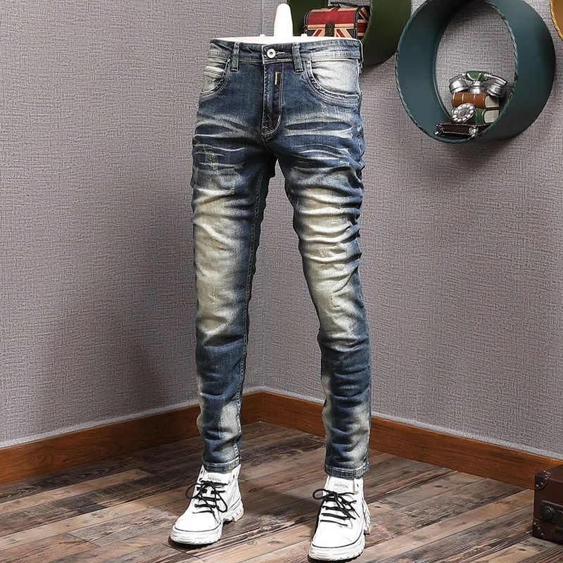 

Fashion Streetwear Men Jeans Retro Blue Elastic Slim Fit Ripped Jeans Men Trousers Vintage Designer Casual Denim Pants Hombre