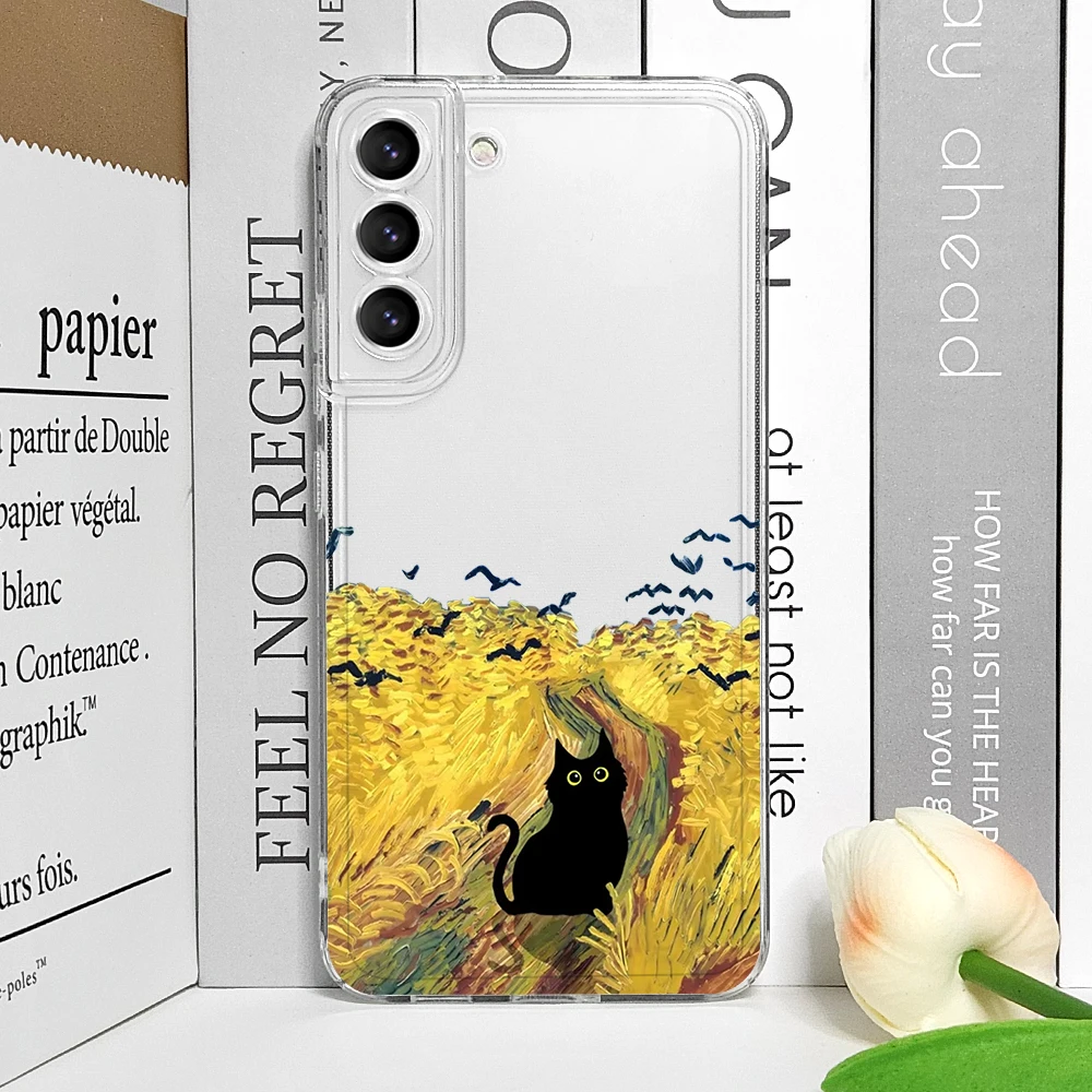 Vintage Oil Painting Black Cat Scenery Clear Phone Case