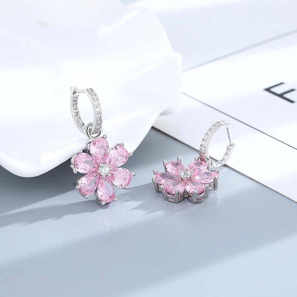 Elegant Pink Zircon Crystal Floral Jewelry Set