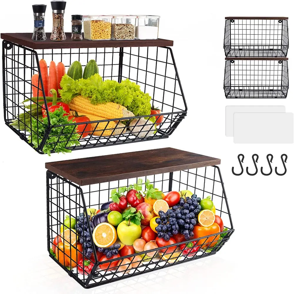 

2pcs Fruit Basket Onion Storage Wire Baskets with Wood Lid, Stackable Wall-mounted & Countertop Tiered Kitchen Counter Organizer