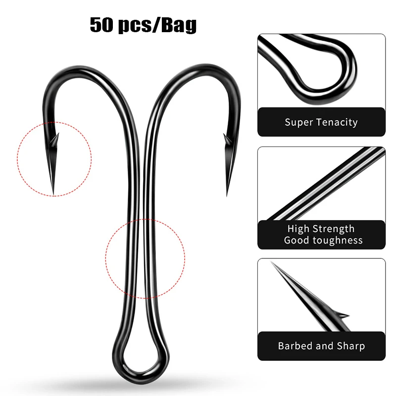 50 pcs/bag Long Shank Double Hook Fishing hooks Fly Tying Duple Hook for  Jig Bass Fish Hook fishing tackle For Soft Lure