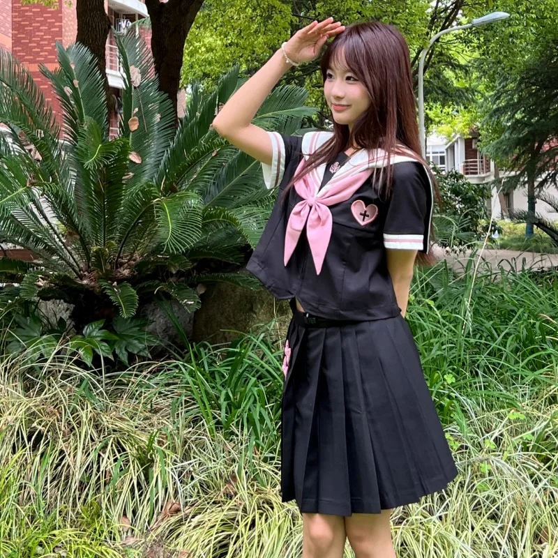 2024 JK Uniform Japanese Campus Style Sailor Suit Summer Black And Pink Colored Cute Lolita Short Sleeved Top Skirt Soft Sets