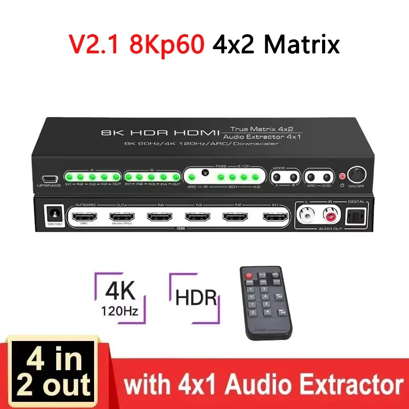 HDMI2.1 8K HDR HDMI Matrix 4x2 Switch Splitter 4k 120hz Support Dolby Vision Atoms 4x1 Audio Extractor ARC EDID PASS 2CH 5.1CH