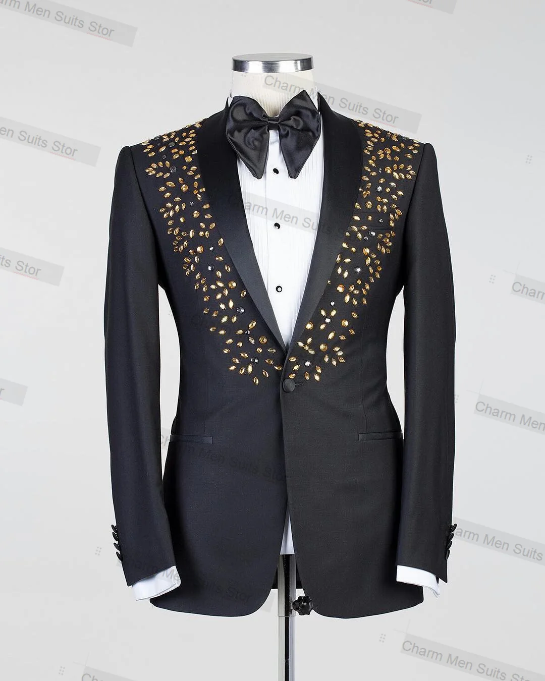 

Black Crystals Men Suits Set 2 Piece Blazer+Pants Custom Made Jacket Formal Office Groom Wedding Tuxedo Cotton High Quality Coat