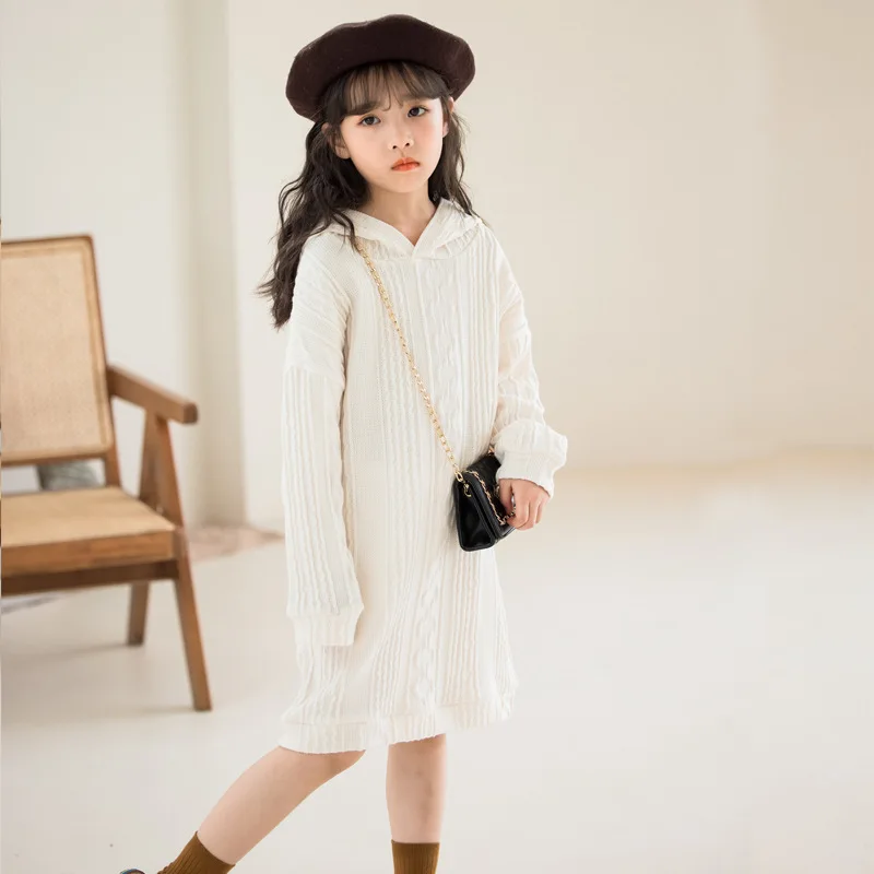 

Girls' Sweater Skirt 2023 Autumn Fashion Women's Hooded Princess Dress Korean Edition Solid Color Children's Knitted Dress