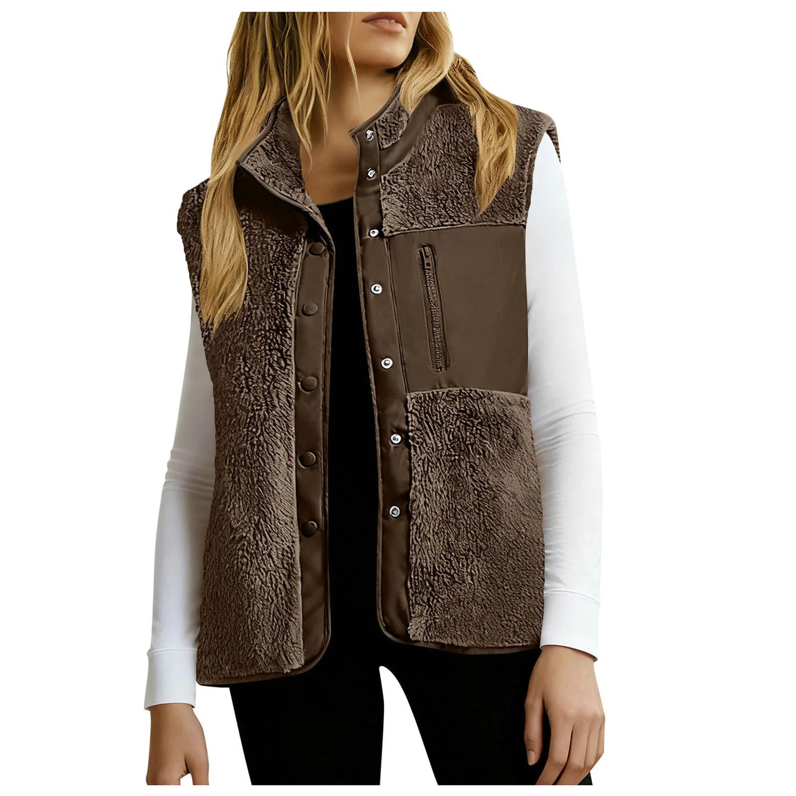 Autumn Winter Warm Vest Womens Fashion Fleece Button Sleeveless Jacket Female Outdoor Casual Plush Waistcoat With Pockets