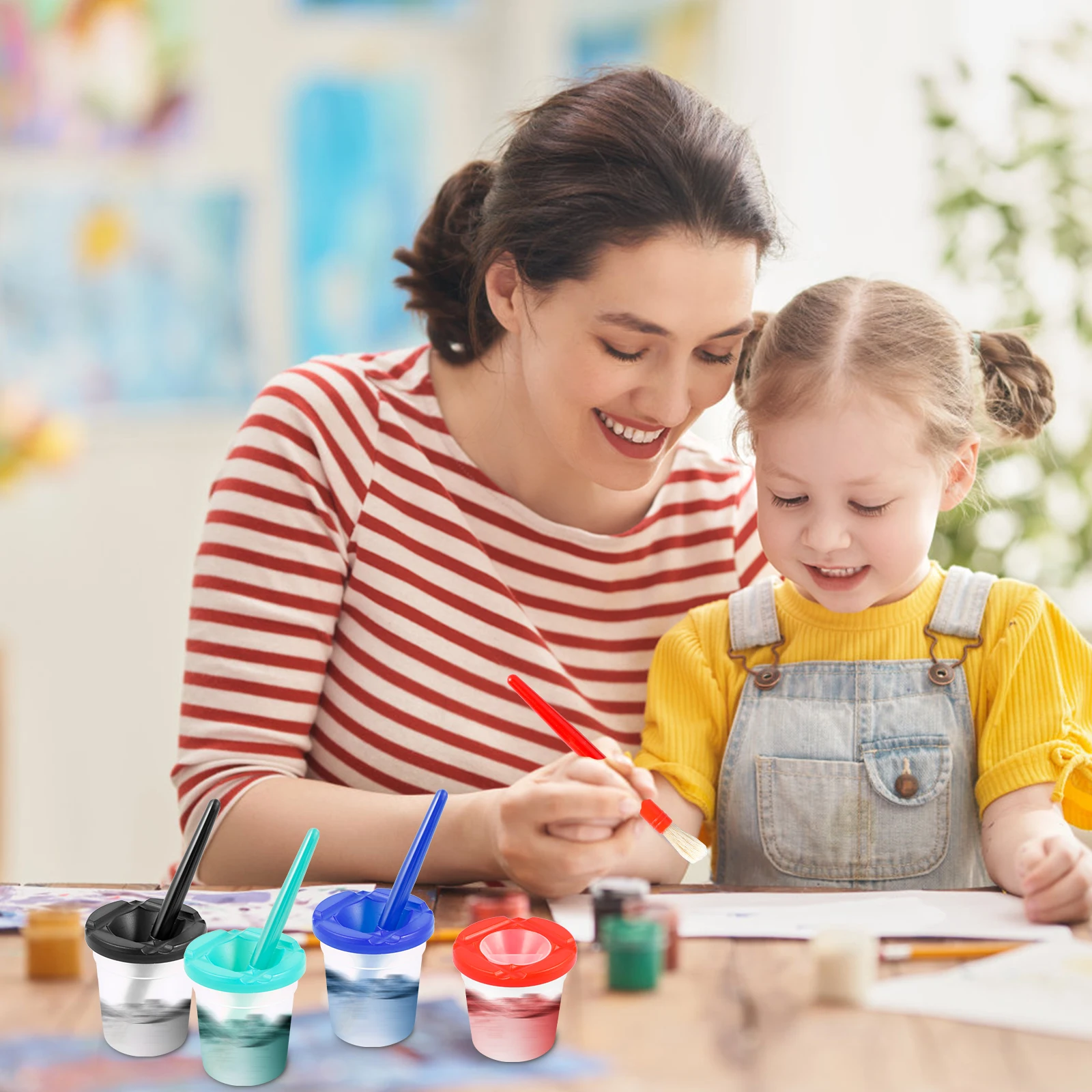 5/10Pcs No Spill Plastic Paint Cups with Colored Lids Large Round Brush Set Reusable Paint Brush Water Cup for Kids