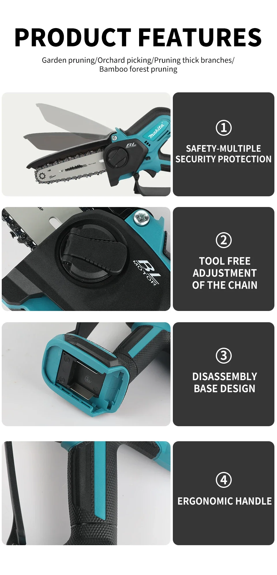 Handle view of Makita cordless chainsaw for precise control