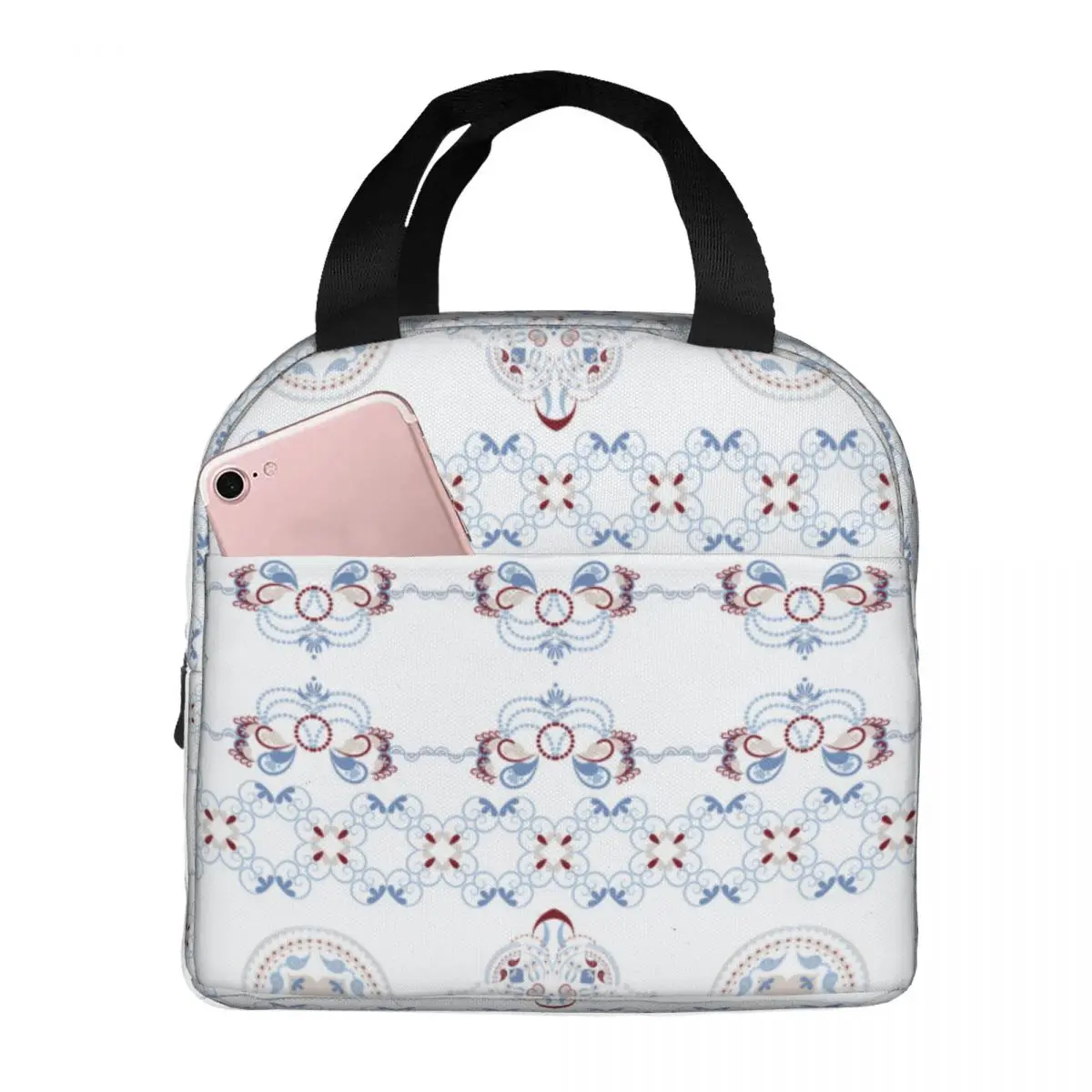 

Ethnic Style Lunch Bag Portable Insulated Canvas Cooler Thermal Cold Food School Tote for Women Kids