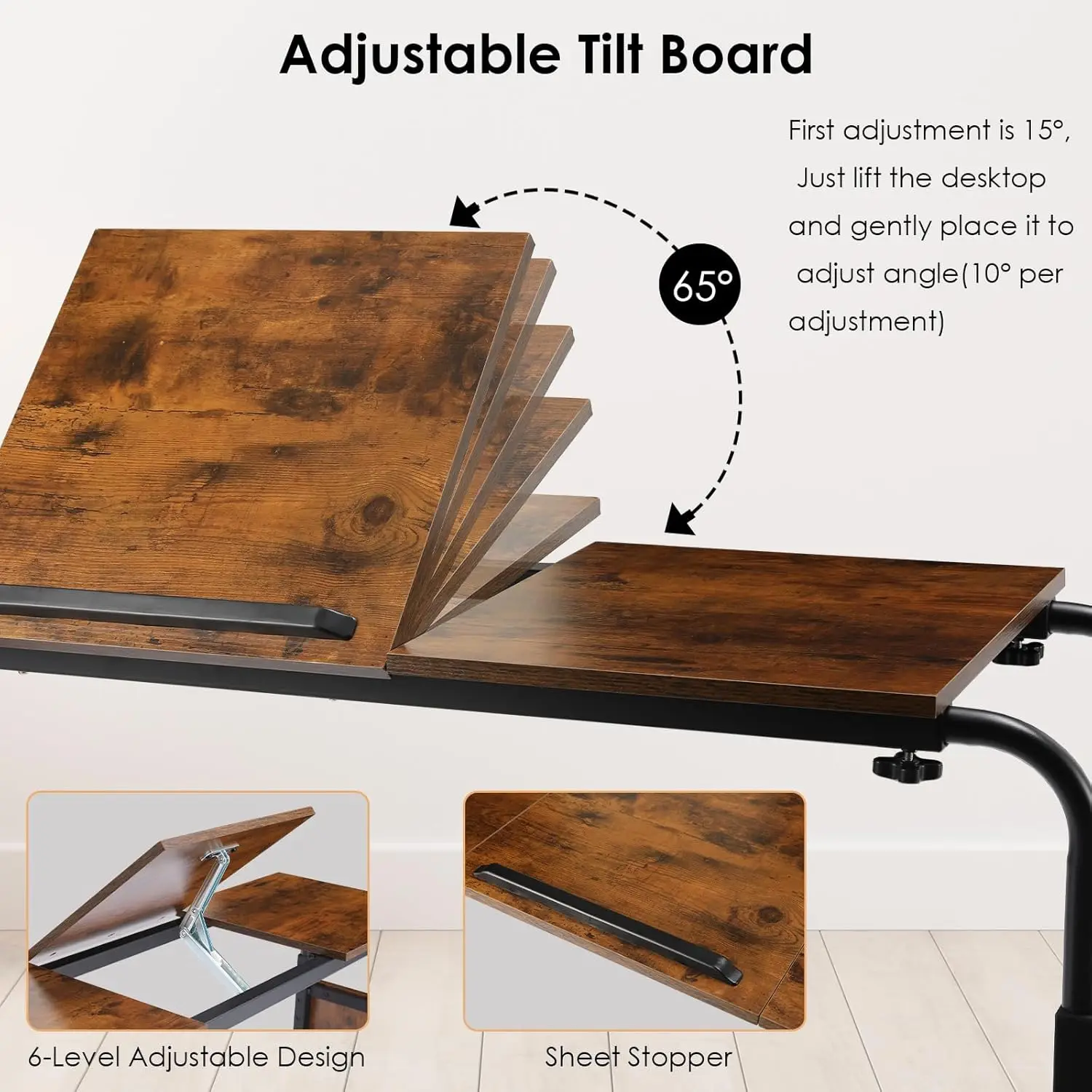 Overbed Table with Wheels,60.6-84.2&Prime; Mobile Bed Desk,Rolling Computer Desk, Laptop Cart,W/0-65&deg;Tilt Stand,4 Heights,6 Lengths