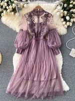 Ladies Dress Three-dimensional Flower Hook Mesh Temperament Stand Collar Lantern Sleeve High Waist Slim Female Dresses - Image 5