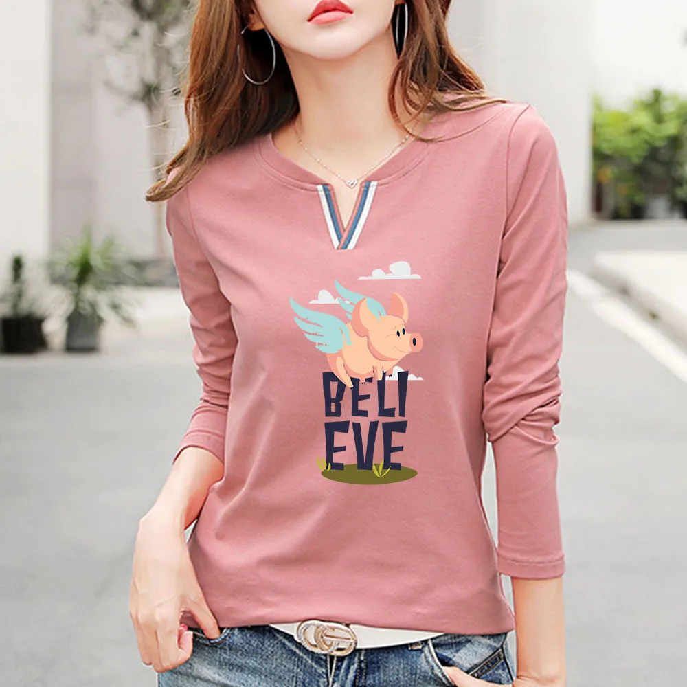 

2022 New V Neck 100% Cotton T Shirt Woman Autumn Fashion Long Sleeve Shirt Women's T-shirt Loose Korean Style Women Shirts #1132