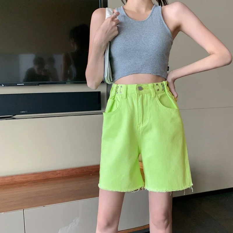 Hottie High Waist Five Point Shorts Summer Women Loose Casual A-Line Wide-Leg Denim Shorts Fashion Thin Breathable Green Jeans
