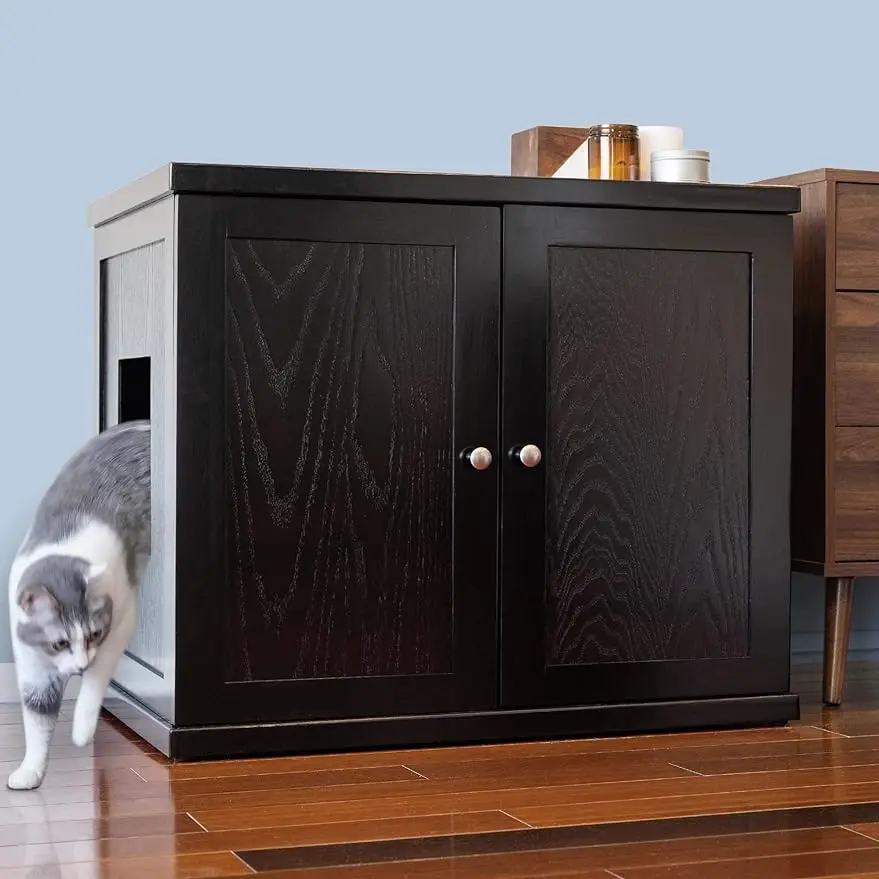 

THE REFINED FELINE Cat Litter Box Enclosure Cabinet, Modern, Black Espresso, Adjustable Levelers, XLarge,