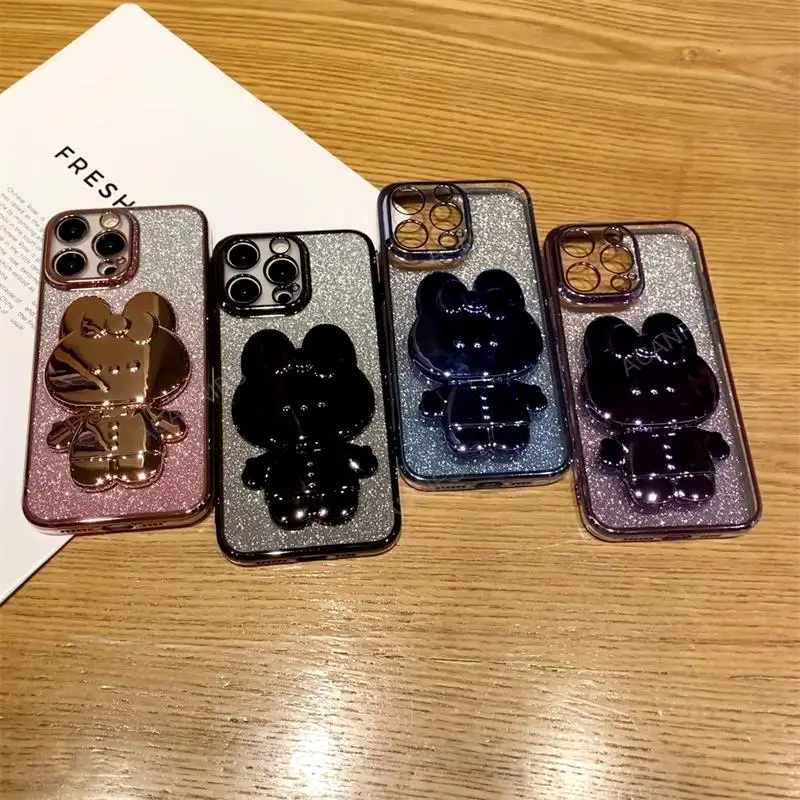 Invisible Makeup Mirror Rabbit Stand Plating Soft Phone Case Cover