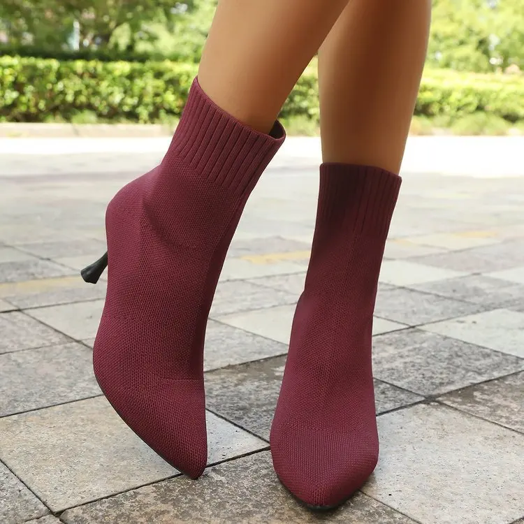 Women Socks Boots Stretch Fabric Women Ankle Boots Pointed Toe High Heels Slip-On Sexy Sock Heeled Chelsea Boots 2026