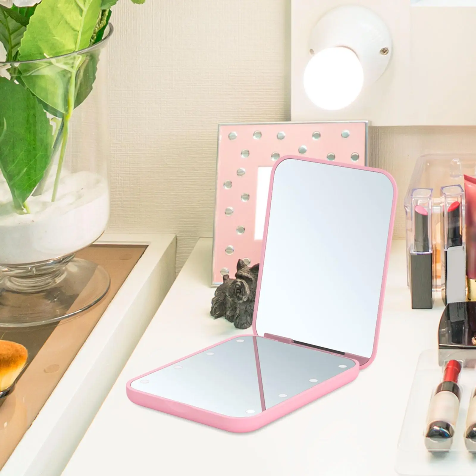 LED Makeup Mirror with 2x Magnifying Desktop Cosmetic Mirror Lighted Makeup Mirror for Travel Essential Bedroom Vanity Dormitory