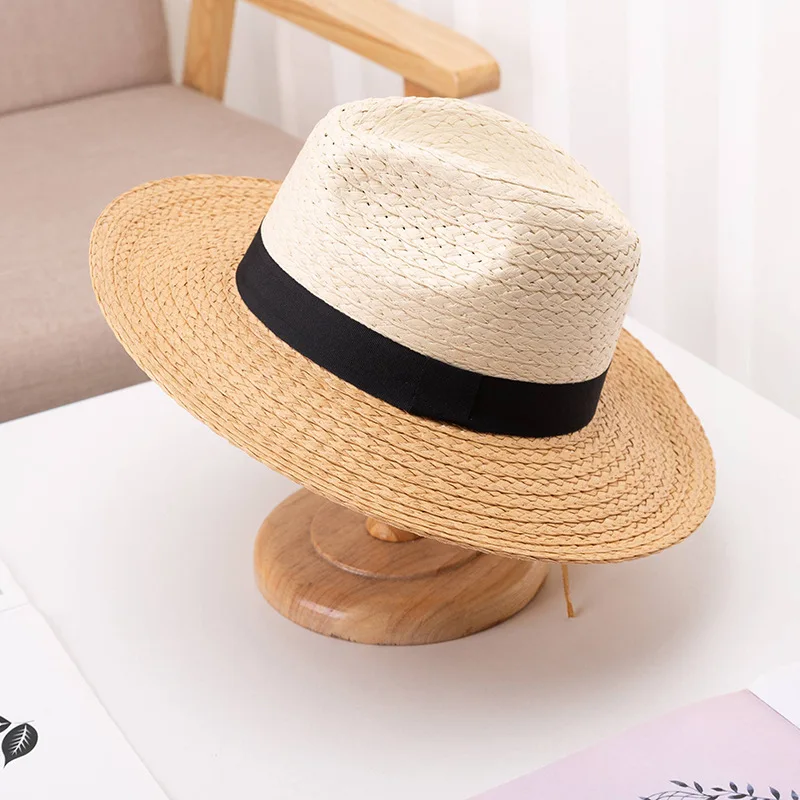 

2023 Summer Simple Sunscreen Sunshade Jazz Panama Straw Hat Women's Men's Tourism Beach Fedora Straw Hat Striped Hat