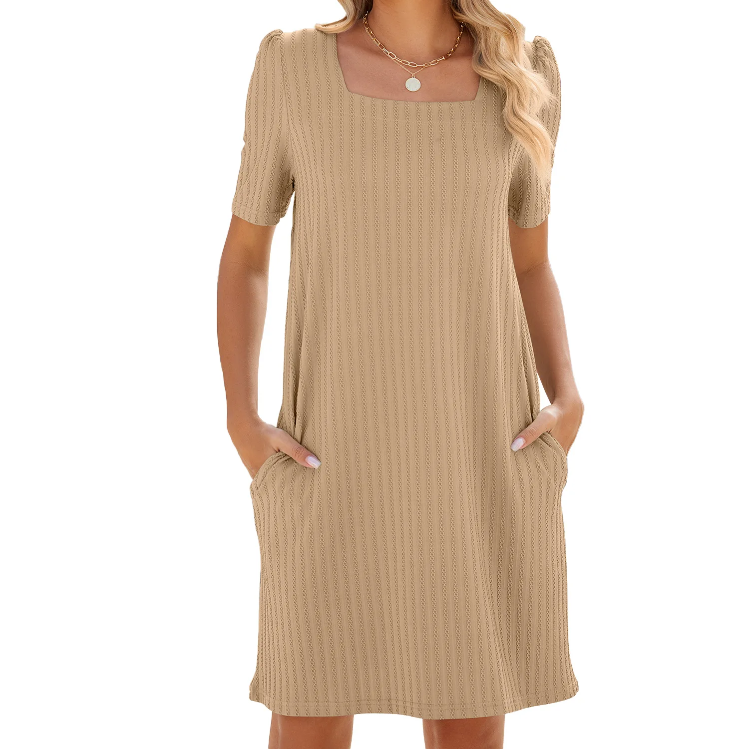 

Short Sleeve T Shirt for Women, Medium Dress, Square Neck, Pockets, Summer
