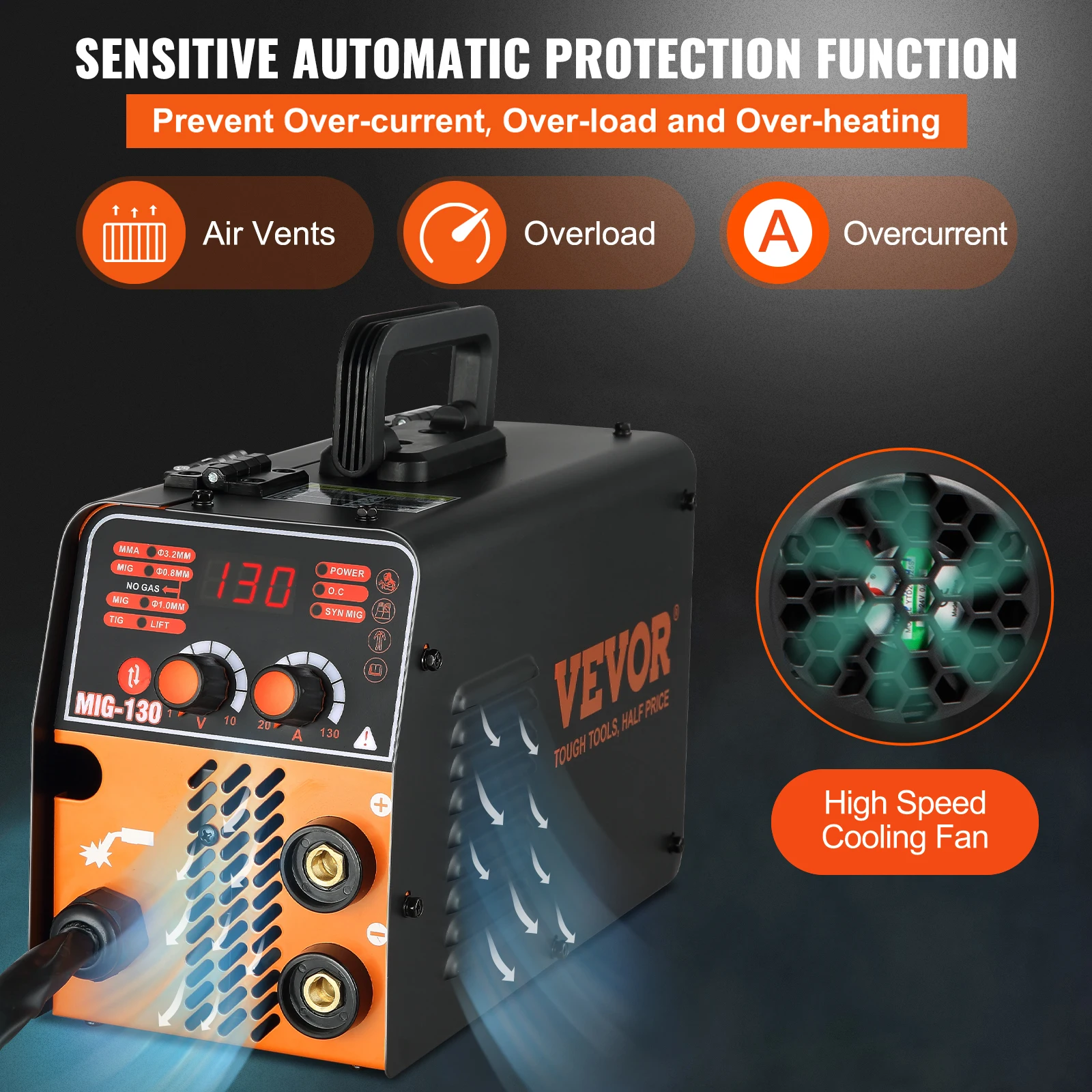 VEVOR MIG Welder 130A Portable Welding Machine 3 in 1 Combo MMA/MIG/LIFT TIG Flux Core Welder for Carbon Steel Stainless Steel 6
