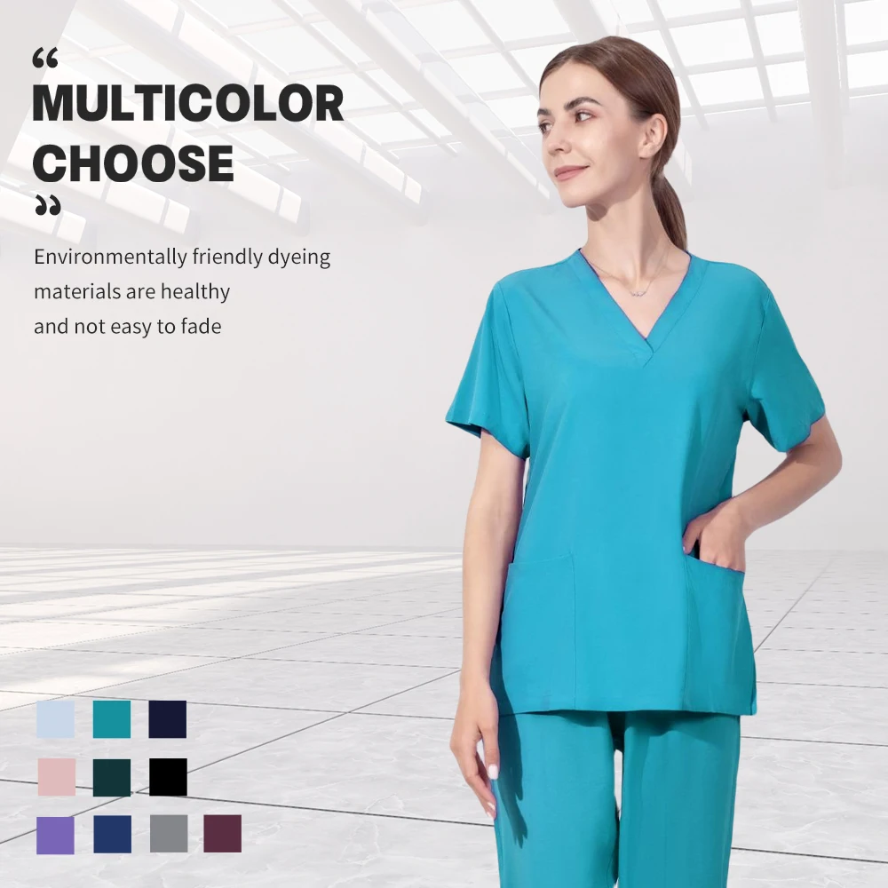 Operating Room Medical Uniforms Women Scrubs Clothes Sleeve V-Neck Workers T-Shirt Tops Summer Uniformes  Medical Accessories