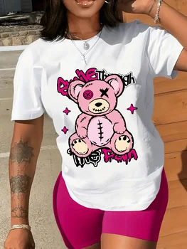 Bear Print Crew Neck T-Shirt Casual Short Sleeve T-Shirt for Spring & Summer Women's Clothing Aesthetic Clothes 1