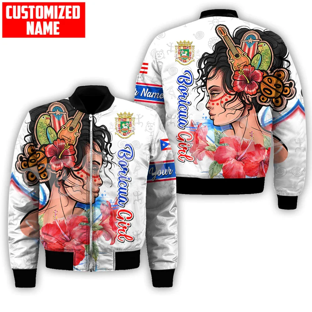 Custom Name Puerto Rico Boricua Country Tattoo Retro Vintage 3DPrint Casual Funny Sportswear Windbreaker Winter Bomber Jacket A1 2