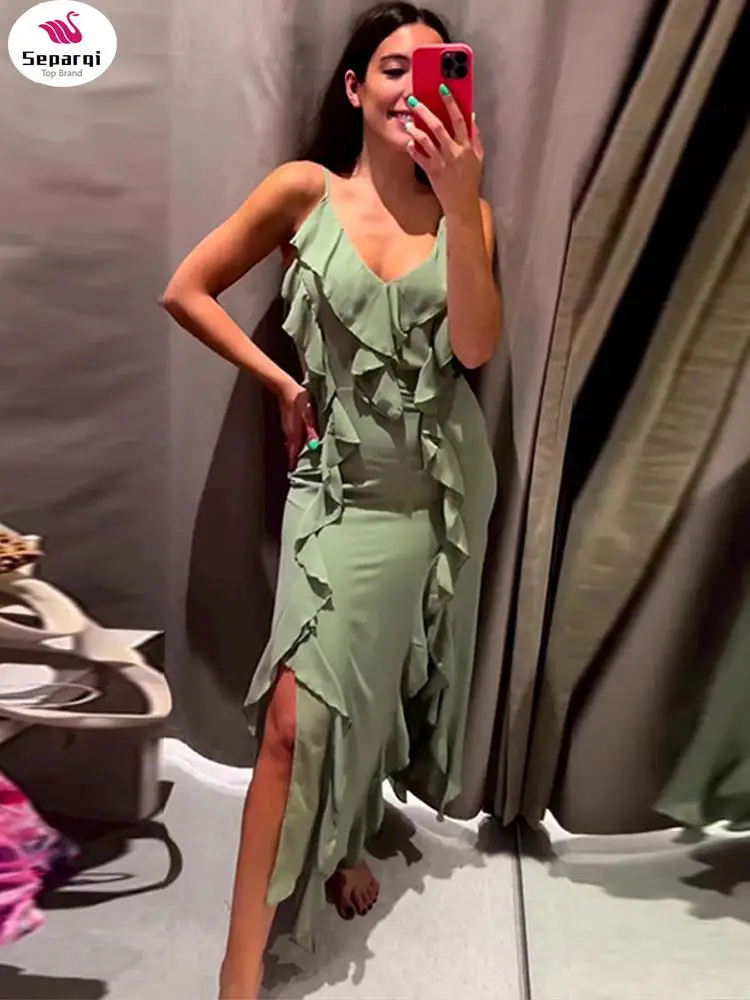 

Sexy Green Asymmetric Ruffle Female Dress Fashion V Neck Sleeveless Backless Sling Dresses 2024 Summer Women High Street Vestido