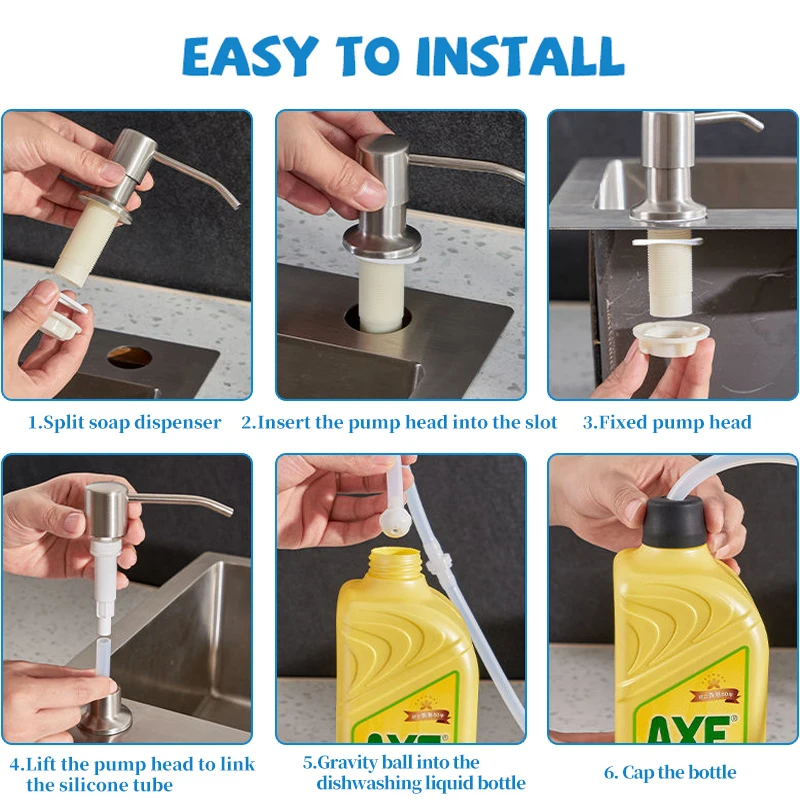 Liquid Soap Dispenser com aço inoxidável Cabeça, Tubo Mangueira, Garrafa Acessórios, Bomba, Pia, Mão, Loção, Kitchen Sink