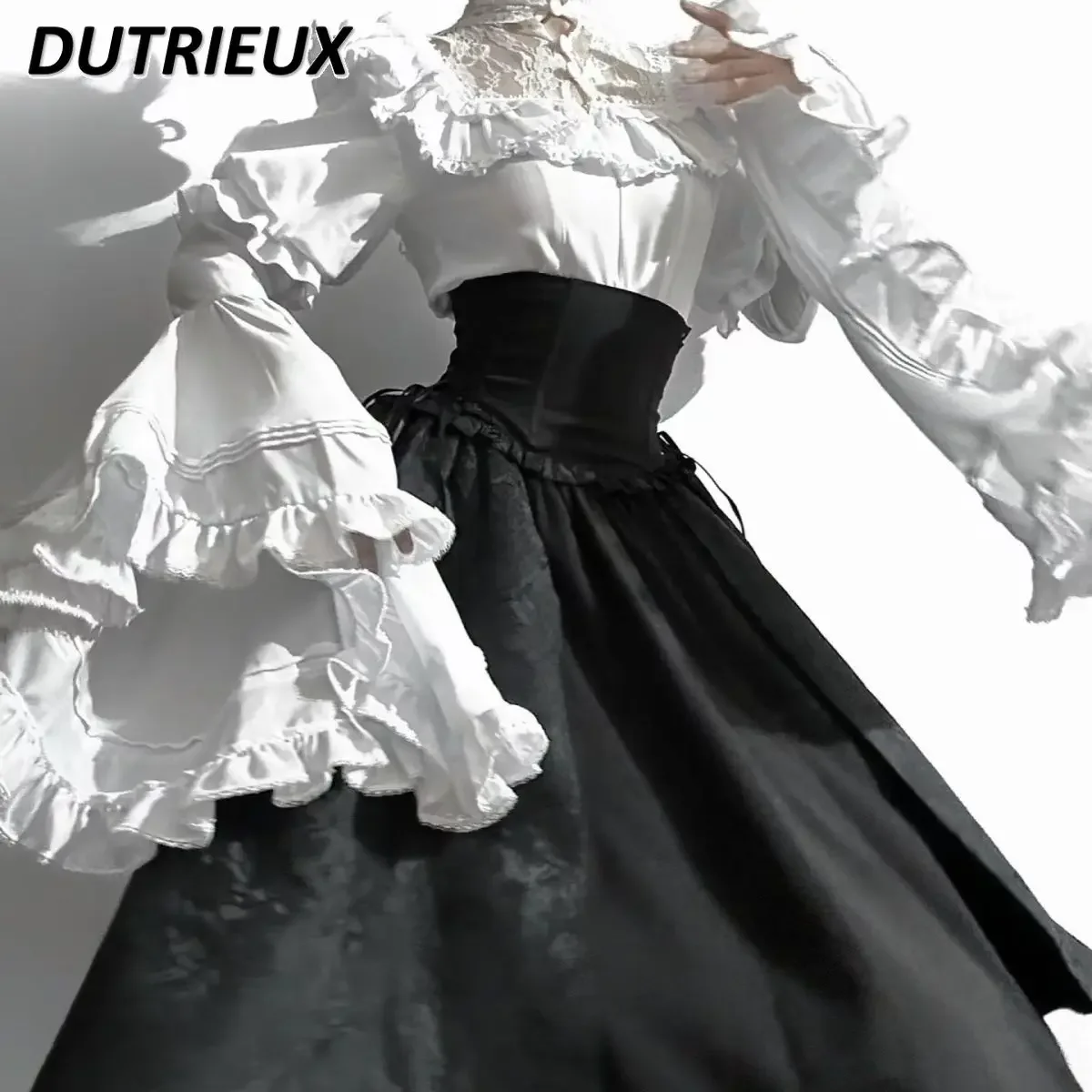 Japanese Lolita Gothic Sweet Girls Solid Color Long-sleeve Shirt Gorgeous Elegant Versatile Top and High Waist Long Skirt 3