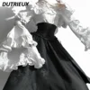 Japanese Lolita Gothic Sweet Girls Solid Color Long-sleeve Shirt Gorgeous Elegant Versatile Top and High Waist Long Skirt 3