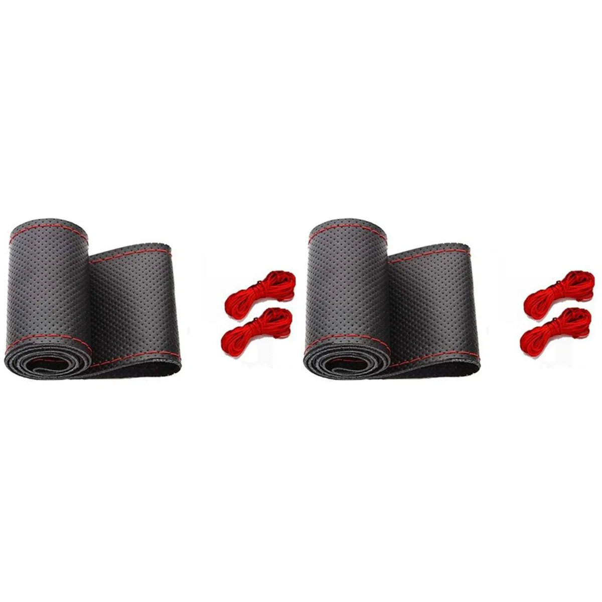 

2pcs Black Drive Truck PU with Needles and Thread Fit 38cm Car Steering Wheel Cover Protector (Black Cover with Red