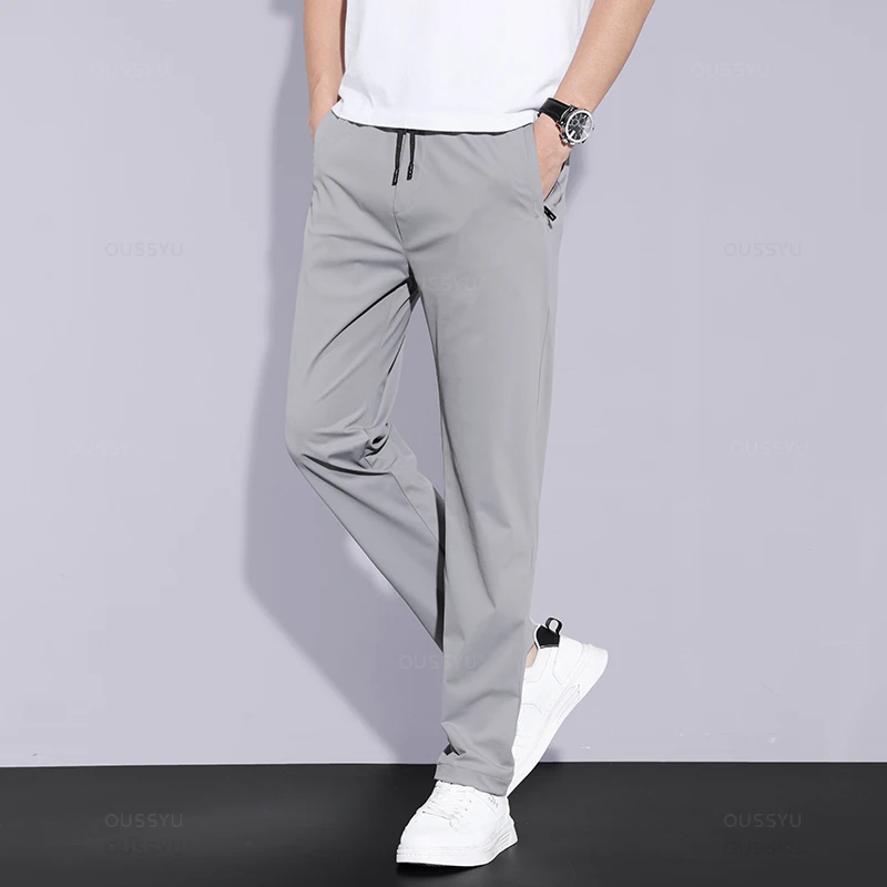 2024 Summer Men's Casual Pants Thin Soft Sports Zip Pocket Korea Grey Black Elasticity Lace-up Waist Jogging Work Trousers Male 4