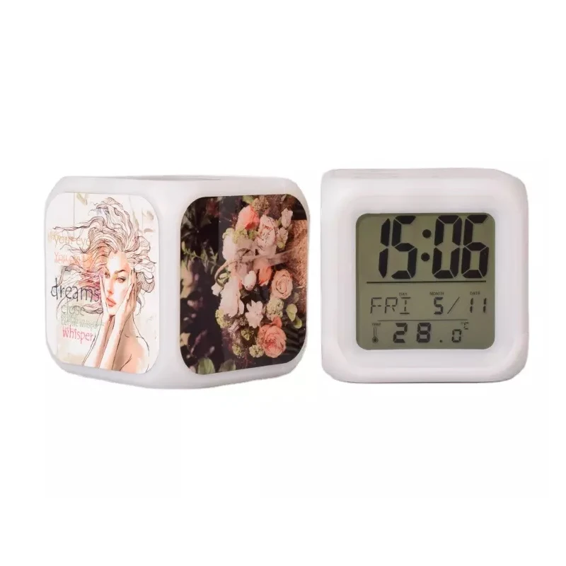 

Free shipping 2pcs 4 Sides Printing Sublimation LED Alarm clock blanks Multi function LED color change Alarm Clock