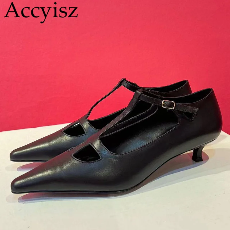 

Spring Autumn Genuine Leather Pointed Toe Low Heels Mary Jane Shoes WomenHollow Out Shallow Mouth Single Shoes Fashion Sandals