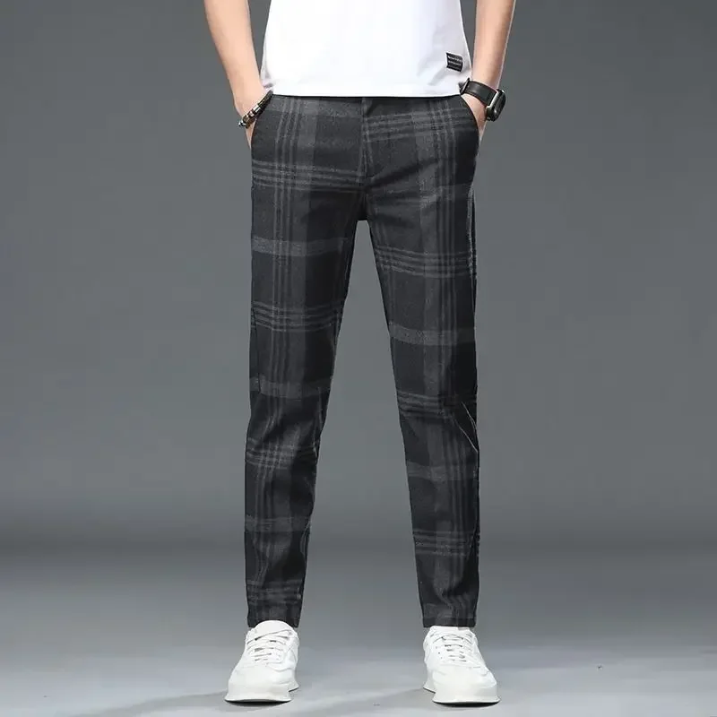 thumbnail image 1 of Pantalones de traje de pierna ancha para hombre, pantalones de verano a cuadros negros para hombre, ropa formal coreana, reseñas, muchos estilos, antiarrugas, 1 of 4