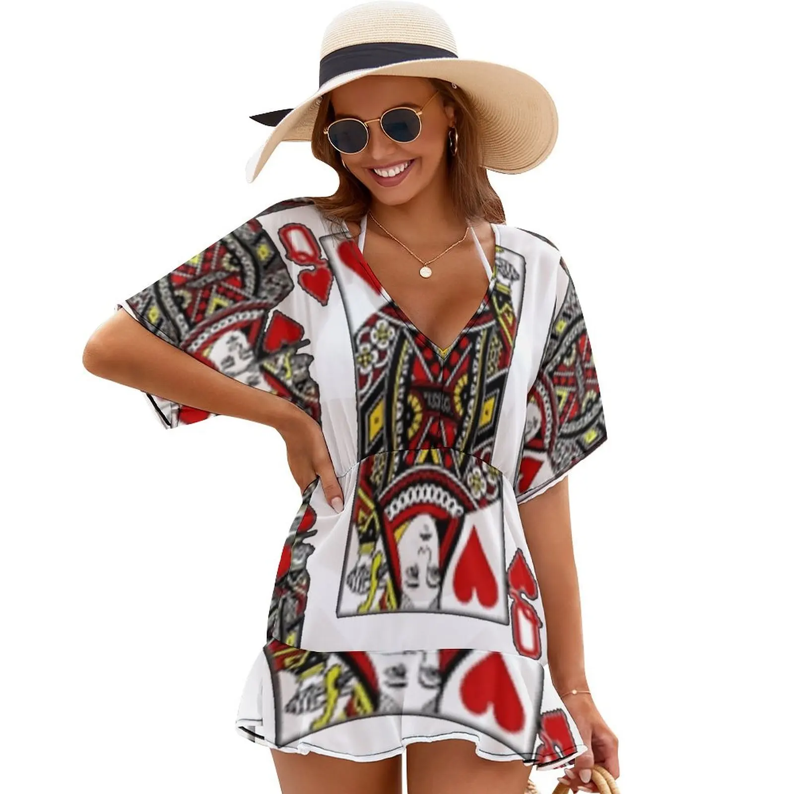 

CASINO RED QUEEN OF HEARTS PATTERN WHITE ART Cover Ups Women's evening dress prom clothes