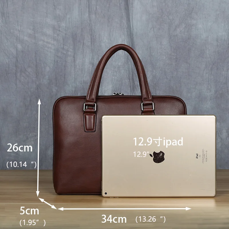 Vintage Men's Briefcase Top Layer Cowhide Casual Handbag Leather Business Shoulder Messenger Bag Brown 14 Inch Laptop Bag NZPJ 6